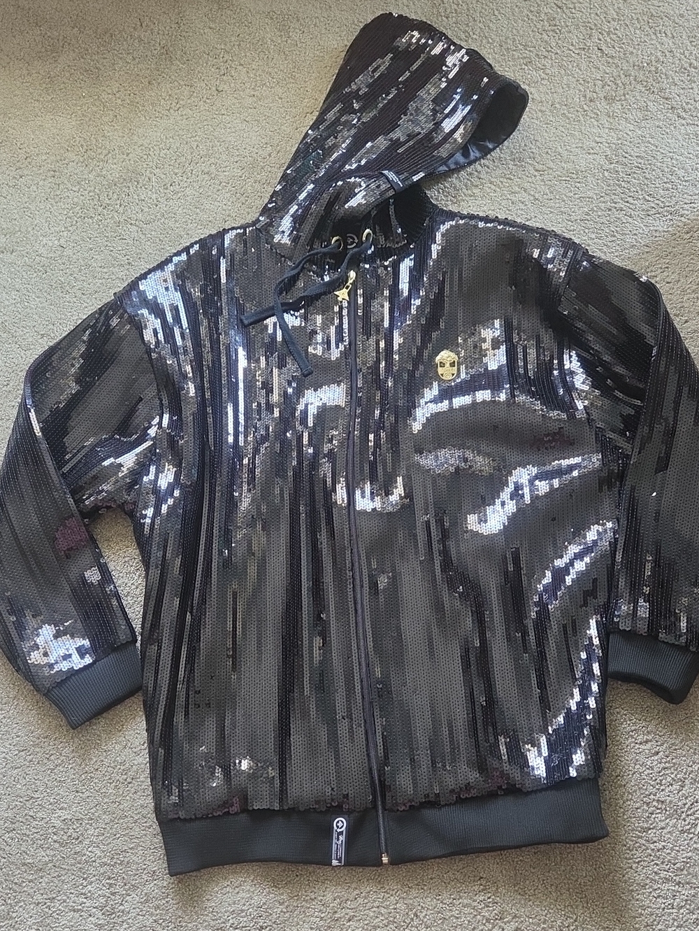 Black Sequin Zip-Up Hoodie with Hood
